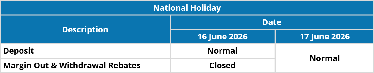Operational Schedule for National Holiday
